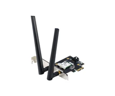 Asus PCE-AXE5400 "WiFi 6E PCI-E" adapteris su 2 išorinėmis antenomis. Palaiko 6 GHz dažnių juostą, 160 MHz, Bluetooth 5.2, WPA3 tinklo apsaugą, OFDMA ir MU-MIMO