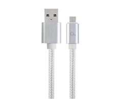 Gembird „Cablexpert“ medvilninis pintas „Micro-USB“ laidas su metalinėmis jungtimis, 1,8 m, sidabrino spalvos, lizdinėje plokštelėje | „Cablexpert“