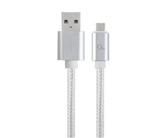 Gembird „Cablexpert“ medvilninis pintas „Micro-USB“ laidas su metalinėmis jungtimis, 1,8 m, sidabrino spalvos, lizdinėje plokštelėje | „Cablexpert“