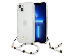 GUESS kietas dėklas GUHCP13MKPSWH Baltas Pearl galinis dangtelis, Apple, iPhone 13, skaidrus, 6,1 "