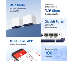 Maršrutizatorius TP-Link Mercusys AC1900 viso namų tinklo „Wi-Fi“ sistema | Halo H50G (2 vnt.) | 802.11ac | 600+1300 Mbit/s | Ethernet LAN (RJ-45) jungtys 3 | Tinklelio palaikymas Taip | MU-MiMO Taip | Nėra mobiliojo plačiajuosčio ryšio