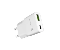 NATEC RIBERA GAN SLIM MAINS CHARGER 1× USB-A + 1× USB-C 20W Baltas
