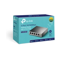 Šakotuvas TP-LINK 5 prievadų 10/100Mbps stalinis komutatorius su 4 prievadų PoE, 5 10/100Mbps RJ45 jungtimis, įskaitant 4 PoE jungtis, 58 W PoE maitinimo šaltinį, plienas