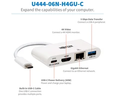 Tripp Lite USB-C dokas U444-06N-H4GU-C Single Ekranas/1xHDMI/iki sngle 4K/1xUSB 3.2/palaikymas PD 60W/Baltas/Maitinimo šaltinis neįtrauktas
