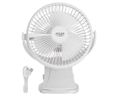 Ventiliatorius Adler Rechargeable Clip-on Desk Fan | AD 7342 | Table Fan | 5 W | Diameter 15.5 cm | Greičių skaičius 3 | Oscillation | Baltas