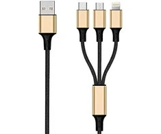 2GO USB kabelis USB-A – USB-C + microUSB + Lightning 1,5 m juodos ir auksinės spalvos (797152)