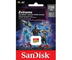 Atminties kortelė SanDisk Extreme Micro SDXC kortelė mobiliesiems žaidimams 256GB + 1 metų RescuePRO Deluxe iki 190MB/s &amp; 130MB/s Skaitymo/Rašymo greitis A2 C10 V30 UHS-I U3; EAN:619659188498