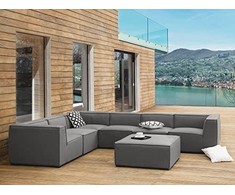 Lauko baldų komplektas Beliani Sodo kampinė sofa su otomane 7 asmenims AREZZO Modulinė Dešininė Pilka