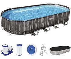Bestway Bestway Power Steel rėmo rinkinys, 732 cm x 366 cm x 122 cm, baseinas (tamsiai ruda / mėlyna, medžio dekoro, su filtrų siurbliu)