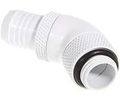 Bitspower jungtis, 45 laipsnių, G1/4 colio AG – 13 mm ID – pasukama, balta