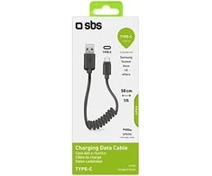 USB 2.0 kabelis > C tipo SBS 0,5 m spiralė, juoda