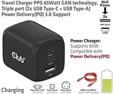 Club 3D Club3D kelioninis įkroviklis 65W GAN technologija, 3 prievadai (2xUSB-C + USB-A), PPS, Power Delivery (PD) 3.0 palaikymas