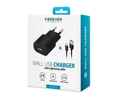 Forever TC-01 įkroviklis 1x USB 2A juodas + Lightning kabelis
