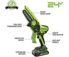 Grandininis pjūklas Greenworks G24MCS10; 24 V (be akumuliatoriaus ir pakrovėjo)