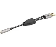 „Manhattan“ ausinių adapteris kabelis su stereo garso Aux Y skirstytuvu, 3,5 mm moteriškas (4 kontaktų) iki 2 x 3,5 mm vyriškas (3 kontaktų), 15 cm, atskiriamas vienos ausinės prijungimas prie mikrofono ir garso kištukai, CTIA, paauksuoti kontaktai, pintas nailonas, Juodas/Sida612
