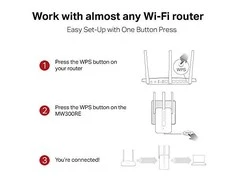 TP-Link „Mercusys“ | „Wi-Fi“ diapazono ilgintuvas | MW300RE | 802.11n | 2,4 GHz | 300 Mbit/s | be PoE | Antenos tipas: 3 išorinės