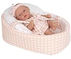 Munecas Arias Arias lėlytė languotoje nešyklėje, oranžinėje, 26 cm