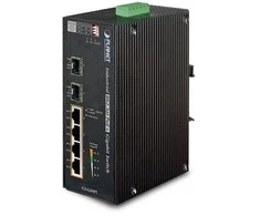 Šakotuvas Planet IP30 6 prievadų gigabitų jungiklis su 4 prievadų 802.3AT POE+ ir 2 prievadų 100/1000X SFP (nuo -40 iki 75 C)