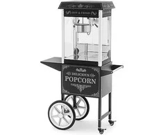 Royal Catering Profesionali kukurūzų spragėsių mašina ant vežimėlio su RETRO apšvietimu, 88 l, 1600 W, juoda