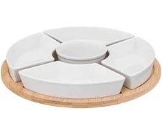 Secret De Gourmet Bamboo Užkandžių rinkinys: 6 porcelianiniai dubenys + bambukinis padėklas
