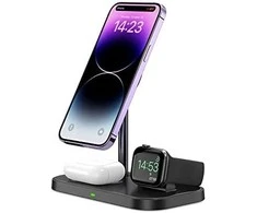 Belaidis magnetinis įkroviklis 3in1 15W telefonams su MagSafe, AirPods, Apple Watch Watch Tech-Protect QI15W A22 juodos spalvos