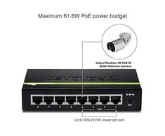 Šakotuvas TRENDnet Switch 8 Port Gbit PoE+ 61W Metall