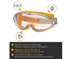 Apsauginiai akiniai Uvex Ultrasonic, skaidri panoraminė linzė, supravision excellence padengimas, guminė juostelė, oranžiniai