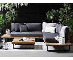 Lauko baldų komplektas Beliani Sodo kampinė sofa su stalu 5 asmenims MYKONOS dešininė tamsiai pilka, sertifikuota akacijos mediena