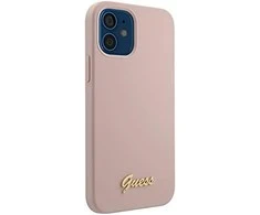Apple iPhone 12 Mini Guess dėklas silikoninis Script Gold Logo (GUHCP12SLSLMGLP) light rožinės spalvos