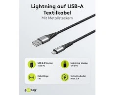 Goobay | Lightning to USB-A tekstilinis kabelis su metaliniais kištukais | 49268 | USB-A į „Lightning“.