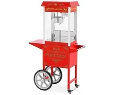 Royal Catering Profesionali kukurūzų spragėsių mašina ant vežimėlio su RETRO apšvietimu 88 l 1600 W raudona