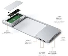 Satechi Slim Dock, skirtas iMac 24" USB-C (USB-C 10Gb, USBA-A 10Gb, 2x USB-A, mikro/SD kortelių skaitytuvas, NVMe SATA lizdas) (sidabrinė)