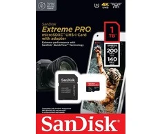 Atminties kortelė SanDisk Extreme PRO Micro SDXC 1TB + SD adapteris + 2 metai RescuePRO Deluxe iki 200 MB/s ir 140 MB/s Skaitymo / rašymo greitis A2 C10 V30 UHS-I U3