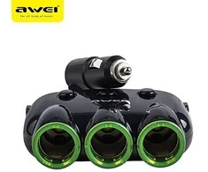 AWEI įkrovimo šakotuvas C-353 12V + 2 USB, juodos spalvos
