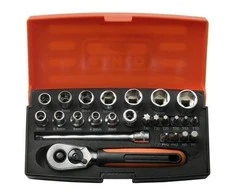 Galvučių, terkšlės ir priedų rinkinukas 4-13mm, antgaliai PH,HEX,TORX 1/4" 25vnt blisteryje. Bahco