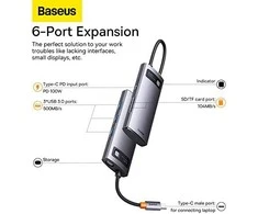 Adapteris 6in1 Baseus Metal Gleam Series USB-C į 3x USB 3.0 + USB-C PD + Micro SD/SD