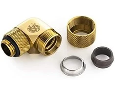 „Bitspower Advanced Multi-Link“ adapteris, 90 laipsnių G1/4 colio vidinis sriegis, jungiantis prie 12 mm išorinio skersmens kieto vamzdžio, pasukamas.