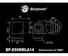 „Bitspower Advanced Multi-Link“ adapteris, 90 laipsnių G1/4 colio vidinis sriegis, 14 mm išorinio skersmens kietasis vamzdis, pasukamas.