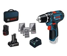  Akumuliatorinis gręžtuvas-suktuvas Bosch GSR 12V-15, 1x2.0Ah, 1x4.0Ah + 39 priedai