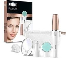 SE851v Braun FaceSpa veido epiliatorius ir šepetėlis + veidrodėlis su šviesa + kosmetinė
