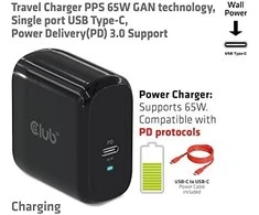 Club 3D CLUB3D kelioninis įkroviklis 65 W GAN technologija, vieno prievado USB Type-C, maitinimo tiekimo (PD) 3.0 palaikymas