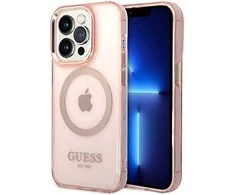 Apple iPhone 14 Pro Max Guess Dėklas Gold Outline Translucent MagSafe (GUHMP14XHTCMP) rožinės spalvos