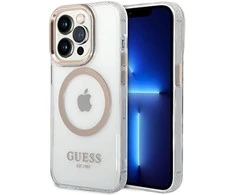 Apple iPhone 14 Pro Guess Dėklas Metal Outline Magsafe (GUHMP14LHTRMD) aukso spalvos