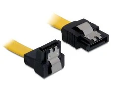 KABELIS SATA DATA III (6GB/S) F/F 20CM Z ZATRZASKAMI METALOWYMI KAMPINIS DÓŁ/PROSTO Geltonas DELOCK