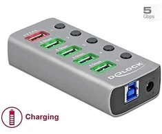 Delock USB 3.2 Gen 1 šakotuvas su 4 prievadais + 1 greito įkrovimo prievadu su jungikliu