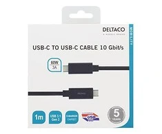 USB-C į USB-C laidas 10 Gbit/s 1m, 60W, 3A DELTACO juoda / USBC-1122M