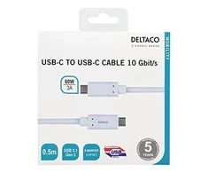 USB-C į USB-C laidas 10 Gbit/s 0,5m, 60W, 3A DELTACO baltas / USBC-1126M