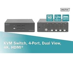 DIGITUS KVM-Switch 4 prievadų dvigubas ekranas, 4K, HDMI