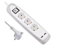 Electraline Prailginimo laidas A8D7E, 3 x 1 mm², 2 m, 3 lizdai, 2 USB