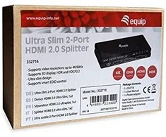 Przełącznik Equip Equip HDMI Splitter 2.0 2 Port Ultra Slim 4K/60Hz juodas